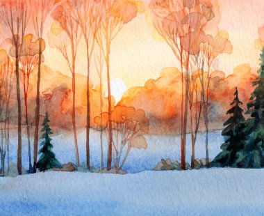 El çizimi soyut suluboya sanat eserleri açık pembe boya fırça stili noel yeni yıl kağıt kart metni alanı. Sakin, eski, solgun, sisli, sisli, sisli tepe yolu kırsal çalılık manzaralı...