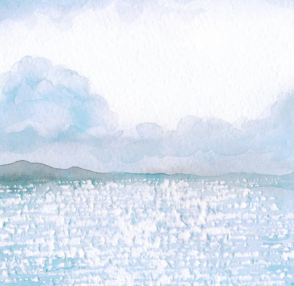 手描きのアクエラレペイント穏やかなクールな新鮮な春のグレア日池の水平線のシーンをマウントします 紙のカードテキスト空間を背景にレトロなスタイルのデザイン 青い色の雨天気天国の野生の谷の休暇の景色 — ストック写真