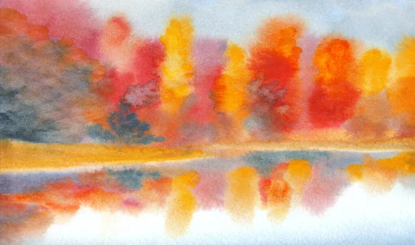 Canlı bir el çizimi akvaryum taze kavak çamı sisi sahne kağıdı metin alanı arkaplanı. Parlak kırmızı turuncu el işi çimenleri çalıları çalıları serin hava günü manzaralı dere kıyısı kırsal manzarası