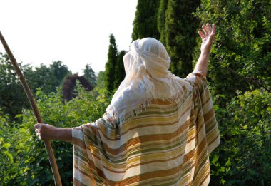 Retro kutsal İsa 'yı kapat yetişkin yaş, bilge erkek, insan kıç gökyüzü görüşü. Ortadoğu gezgin cübbesi. Tanrı 'nın kanunu. Torah' ın Göç hikâyesi sihirli Mısır tahtası ve asa sembolü kavramı.