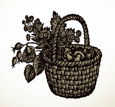 Ana hatları siyah mürekkep çizen el, antika, kaba baston dalı örgü, cep çanağı, bast logosu antik karalama kalem karikatür sanat eserini kabartma stili. Yakın plan, beyaz metin alanı arkaplanı