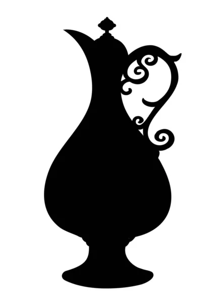 手描きブラックエンブレムデザインアート中央アラビア民族イスラムEid金華やかなスタイルの食器カフェケトル水オブジェクトセット クローズアップ表示漫画サウジアラビアティーポットボトル料理白いテキストスペース — ストックベクタ