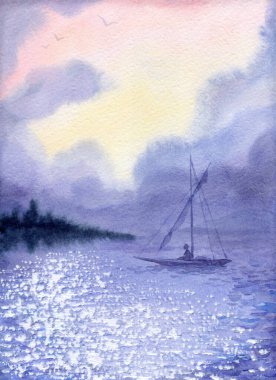 Elle çizilmiş akvaryum boyası eskizi vahşi, sakin bahar dalgalı gölet ağacı sahil sahili sahnesi. Beyaz sanat eserleri metin alanı arka plan erkek kuş tasarımı mavi renk güneş cenneti manzarası