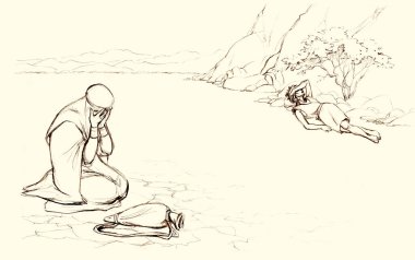 Genç kayıp çocuk ağlar İbrahim iman eder kadın hizmetçi kız giysi giyer yaşam yardımı ister beyaz gökyüzü sahnesi. El çizimi tehlike sıcak kavrulmuş kavrulmuş kavrulmuş kara seyahati eskimiş eski grafik sanat eskizleri