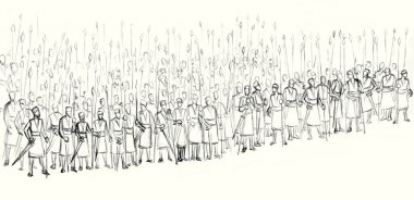 İncil Çağı güçlü erkek muharebe muhafız kampı kalabalık kürek çekerek ön tarafa saldırıyor. Orta Doğu Rusya Kara İmparatorluğu 'nun güçlü eli kutsal Yahudi Tanrı' nın hikayesi eski çizgi film çizimi İncil 'deki sanat eserini çiz.