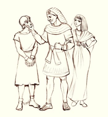 Eski muhafız hükümdarı, yakalanan zincirli hostag kurbanını satın alırken yakalandı. İhanet eden genç, beyaz, çaresiz erkek çocuk. Potiphar 'ın kadın vatan hainliği günah sahnesine direniyor. Kutsal inanç. Tanrım. Eskiz hikayesi.