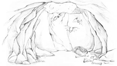 Kara Gündüz Manzaralı Kayalık Kayalık Tüneli. Tuzak kurup, üzgün bloğa karşı çıkış sahnesini düşünün. Güneş Ay 'ın gökyüzü, kayıp mücevher mücevher, mücevher, taç, av, para, amaç, geçmişe dönük mutluluk, masal, rüya sanatı.