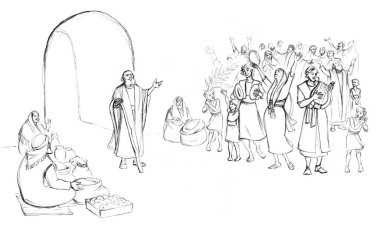 Asırlık İsrailli erkek Yahudi lider Ahab eğlence paraşütü kalabalık beyaz kasaba duvarı. Kara El Orta Doğu 'nun kutsal azizi Tanrı kırsal vaiz Isaiah Elisha' nın hikayesi karikatür çizimi