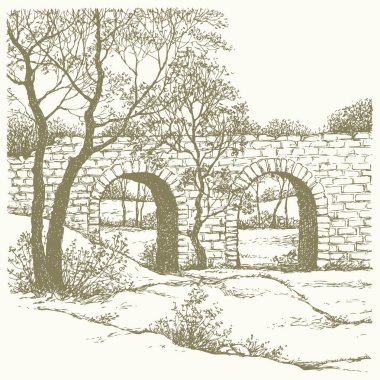 Yaş olarak yüksek kentsel kavis yolu soğuk, buz tutmuş gölet göleti sahnesi siyah mürekkep kalem el çizimi Brook Paper retro doodle line tarzı. Sahne alacakaranlık yüksekliğindeki yabani akçaağaç bitkisi dere manzaralı beyaz gökyüzü metin uzayı
