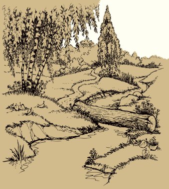 Sakin eski dere nehir kamışları bankanın ahşap toprak yolu sahnesinde siyah mürekkep çizilmiş resim, eski model vintag tarzı. Sessiz çim çalılar bitki gezisi manzaralı beyaz metin arkaplanı