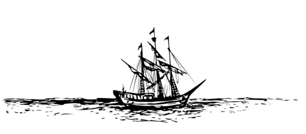 Wooden 클래식 Buccaneer Jourfish Galley Sailer Pictogram Icon White Sky — 스톡 벡터