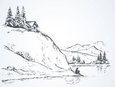Ahşap çam kulübe yüksek nehir cliff üzerinde. Üzgün sakin yalnız genç kız beyaz gökyüzü üzerinde metin için yer. Siyah mürekkep grafik stili vahşi bahar Alp waterfront gölet doğal görünümü resim sanat vintage elinde çizilmiş