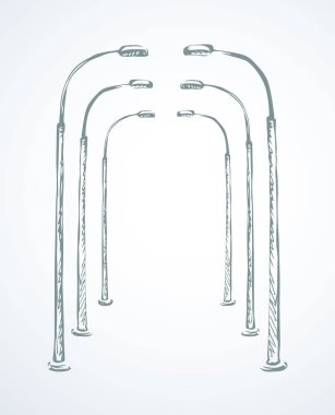 Büyük demir, spot ışıklarının beyaz arka plana çekilmesini sağladı. Serbest ve koyu siyah mürekkep ana hatlarıyla çizilmiş yol, halka açık nesne işareti simgesi pankaralama tarzı kalemle kağıt üzerinde metin için. Yakın görünüm