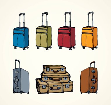 Büyük modern kapalı gövde kutusu sac beyaz Havaalanı zemin üzerinde. Canlı multy renk uçak takım elbise büyük holdall taşıyıcı. Parlak el çekilmiş logo amblem kroki retro sanat doodle tarzı metin için yer ile