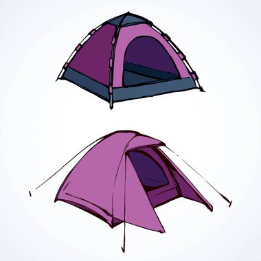 Açık uzun yürüyüşe çıkan kimse resort booth katranlı muşamba yerleşime beyaz zemin üzerinde. Parlak lila mor rengi elle çizilmiş logo yarım yamalak sanat modern karalama kontur stili kalem kağıt üzerinde. Closeup görünümü ve metin için yer