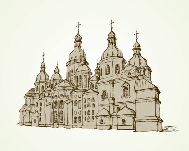 Kiev başkentinin tarihi ortodoksi Aziz Sophia minster binası. El yazması siyah mürekkep çizilmiş logo simgesi resmi geçmişe dönük ressamlar için beyaz kağıt boşluk üzerine çizgi film tarzı kalem çizer