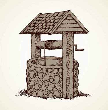 Yeşil köy bahçesinde paslı, iyi kaplanmış kiremit kaplı eski bir taş. Vector monokrom freochrome lineer mürekkep çizilmiş arka plan taslak çizim kağıt üzerine antika kalem gökyüzü üzerine metin için boşluk