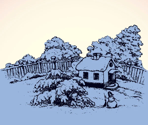 Милый Уютный Деревянный Шале Здание Изолированы Светлом Фоне Свободный Контур — стоковый вектор