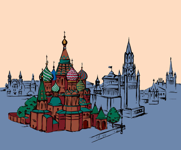 Aged scenic st. Vasily Blessed street view at vintage spasskaya downtown place. Line black ink hand drawn picture symbol in art retro doodle graphic style pen on paper with space for text on white sky