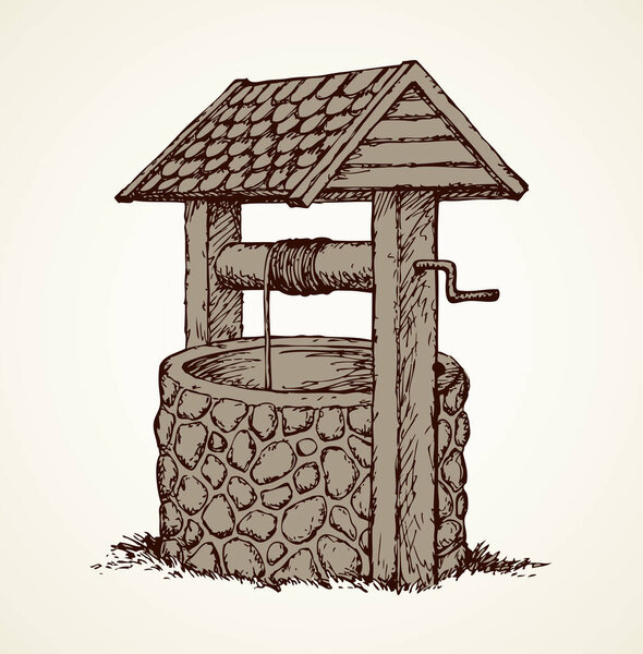 Винтажная ржавая каменная крыша покрыта плиткой во дворе зеленой деревни. Векторные монохромные свободные линейные чернила на заднем плане, зарисовки в искусстве каракули в античном стиле ручка на бумаге с пространством для текста на небе