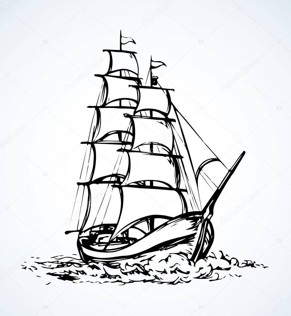 Wooden classic tall buccaneer sailfish galley pictogram isolated on white sky. Freehand line black ink hand drawn logo sign emblem picture sketchy in art retro doodle style pen on paper space for text