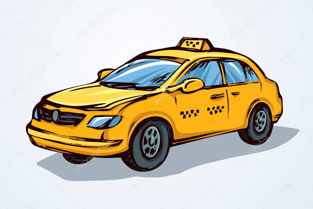 Cute city ad steering taxicab sedan smooth shape on white backdrop. Bright yellow color hand drawn logo sign pictogram emblem sketch in art scribble style on paper space for text. Side view