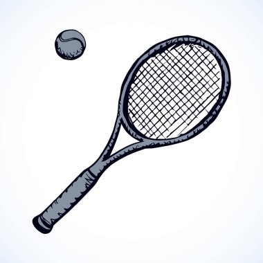 Squash daire net racetball Ligi dişli seti beyaz arka plan üzerinde izole uzanıyordu. Serbest el anahat mürekkep el resmi logo işareti kabataslak kağıt üzerinde sanat retro karalama stil hapiste çekilmiş. Closeup Üstten Görünüm