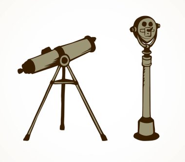 Eski bir turist beyaza izole edilmiş tek gözlü tüp kullanıyor. Çizgili siyah mürekkepli kalem el antika turizm tatil gezisi şehir manzarası logosu öğrenme gözlüğü. Retro sanat karikatür çizim biçimi