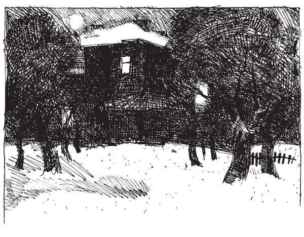 吹雪のドリフトカードの背景に居心地の良い木製のロッジのデザイン フリーハンドライン黒インク手は テキストのための紙のスペース上のレトロな物語のドア漫画の版画スタイルのペンでXmasモミの茂みの絵のスケッチを描きました — ストックベクタ