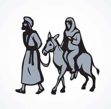 Josef ve Maria hayvanlar üzerinde Mısır 'a çölde, açık beyaz gökyüzü arka planında gidiyorlar. Çizgi siyah el çizilmiş eski neşeli xmas arifesi hikaye işareti simge amblemi eskiz retro sanat karalama çizgi film tarzı
