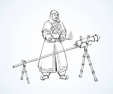 Etnik kumaş şapka üniforması, yay oku ve beyaz kağıtta izole edilmiş barut dinamiti olan yaşlı bir erkek genel kahraman. Çizgi siyah mürekkep el çizimi kuvvet simgesi simgesi çizimi sanat retro çizgi film tarzında