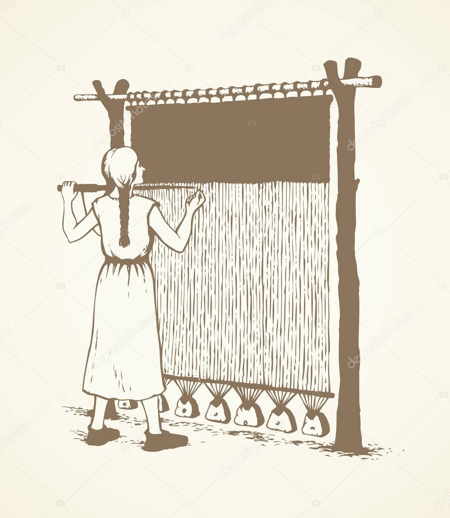 Young viking female in simple dress braid on archaic primitive knitting machine isolated on white backdrop. Freehand outline ink drawn picture sketch in retro art engraving style with space for text