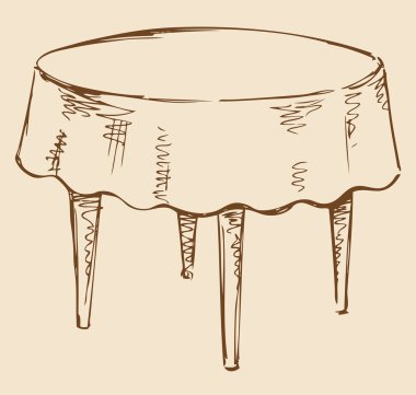 Vector drawing. Round table with tablecloth clipart
