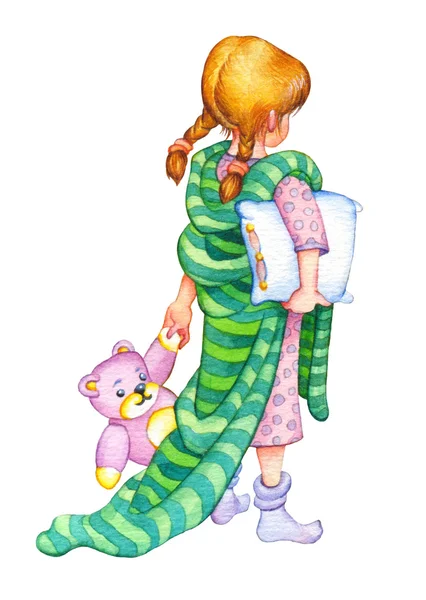 Watercolor illustration. Girl go to bed — Stock Photo, Image