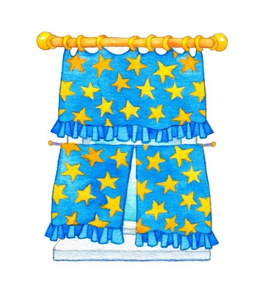 Watercolor illustration. Curtain with yellow stars on the window — Stock Photo, Image