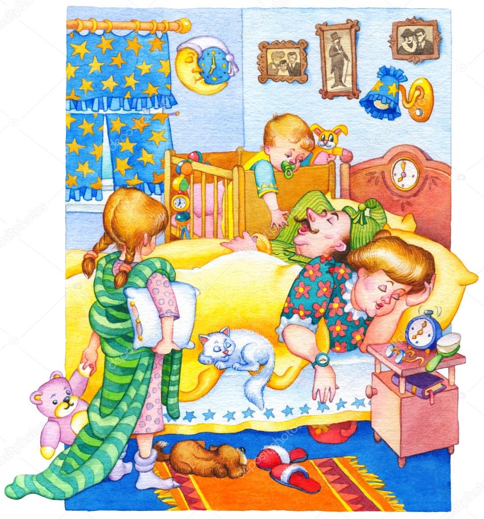 Watercolor illustration. Children woke up and wake up parents