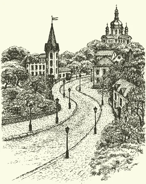 Αστικό τοπίο του διανυσματικό. Εκκλησία και κάστρο στην καταγωγή του andrew στο Κίεβο — Διανυσματικό Αρχείο