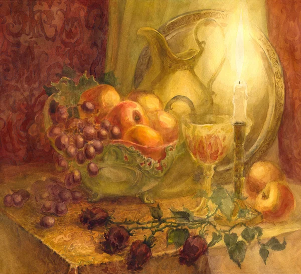 Watercolor still life. Burning candle lights fruits and golden p — Stock Photo, Image