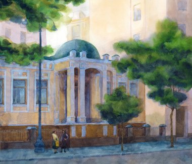 Suluboya cityscape. Gölgeli Lane'de güzel sarı ev