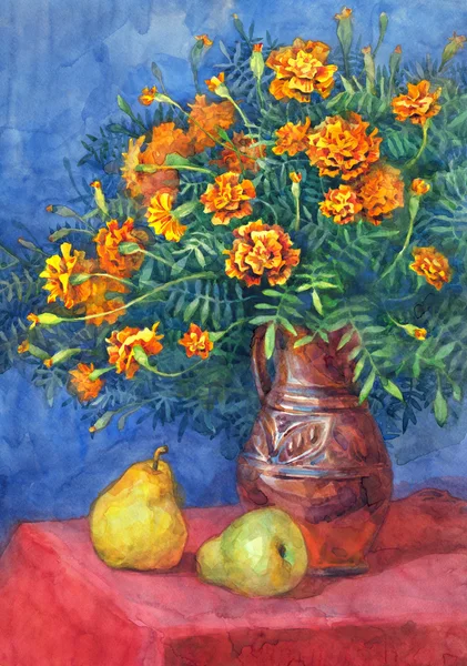 Watercolor still life. Marigolds magnificent bouquet with ripe p — Stock Photo, Image