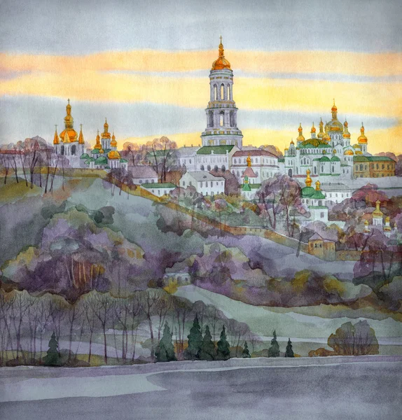 Akvarel panoráma. klášter na strmém břehu řeky — Stock fotografie