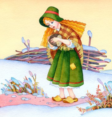 Watercolor picture. Medieval poor girl on winter field clipart