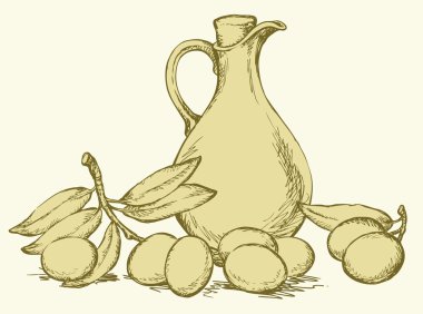 Vector drawing. Still life of oil in jug and olives sprigs clipart