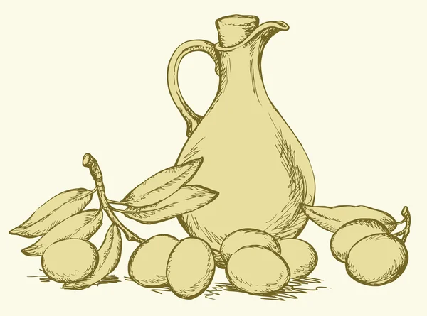 Le dessin vectoriel. Nature morte d'huile dans des branches de cruche et d'olives — Image vectorielle