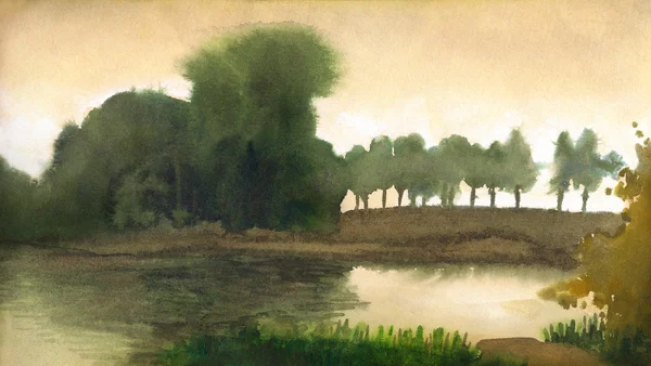 Aquarel landschap. bomen op de oever van rustige meer — Stockfoto