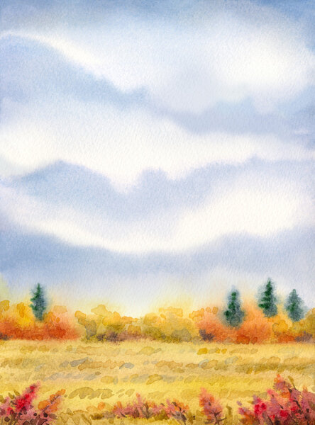 Watercolor landscape of series of "Steppe in different seasons"