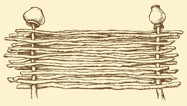 Vektorzeichnung. Weidenzaun mit alten Töpfen — Stockvektor