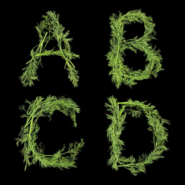 Vegetable Alphabet of dill sprigs isolated on black background — Stock Photo, Image