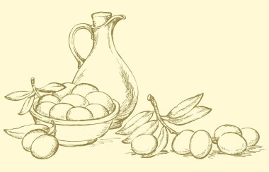 Vector drawing. Still life of oil in jug and olives sprigs clipart