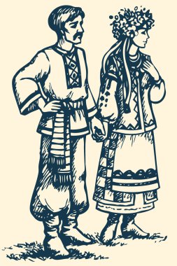 Ukrayna Ulusal elbiseli genç bir çift. Vektör çizimi